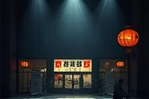 三月漂流生活作品画面，河道上漂流的小艇与岸边初绿树林